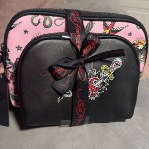 NWT Ed Hardy Black & Pink Tattoo-Print Cosmetic Bag Duo